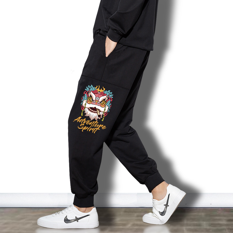 春季高中学生青少年加绒裤子男潮牌运动裤宽松卫裤国风醒狮休闲裤