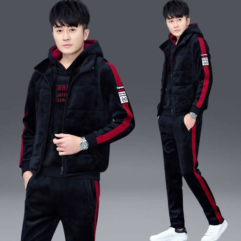 冬季加绒加厚卫衣金丝绒男士运动服连帽休闲三件休闲运动套装