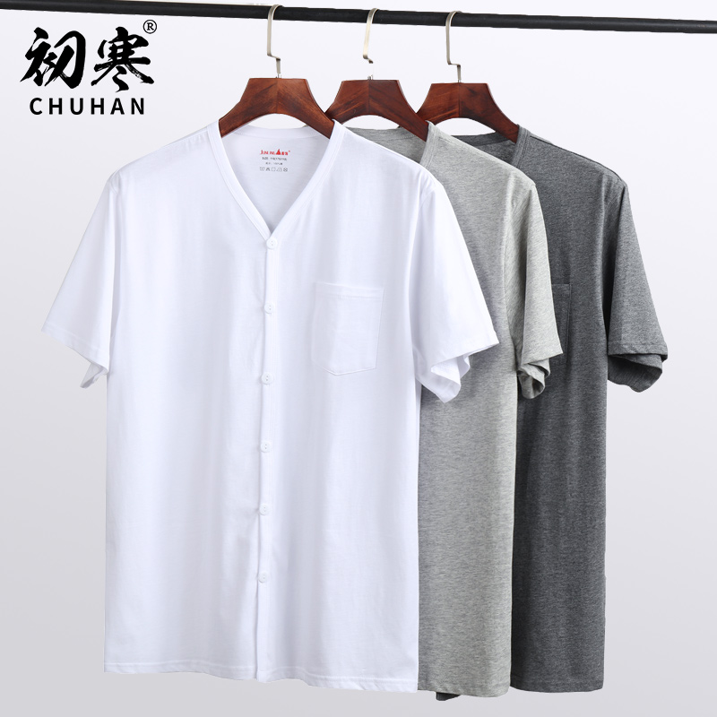 中老年人男汗衫夏季短袖T恤系扣开衫纯棉宽松老头衫爷爷上衣背心