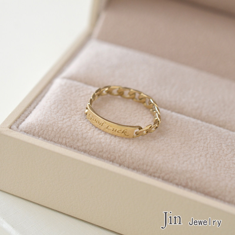 jinjewelry韩国14k纯金戒指黄金金玫瑰金刻字刻字扁链手饰