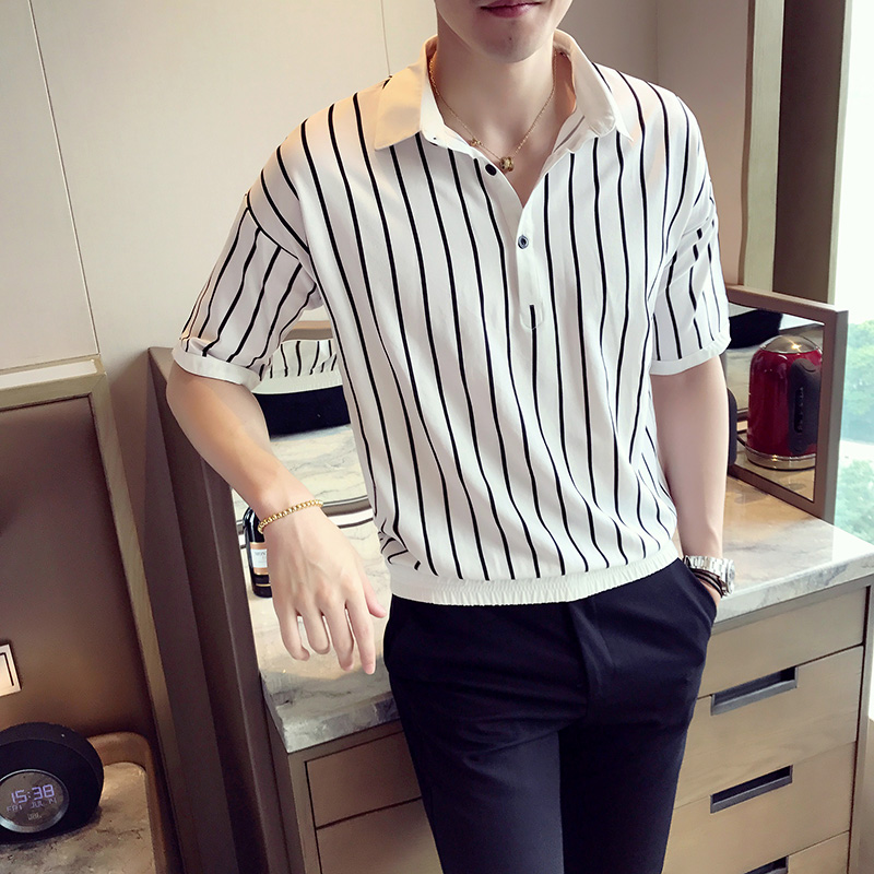 夏季条纹衬衫男韩版潮流衬衣男五分袖中袖白寸衫冰丝网红宽松T恤