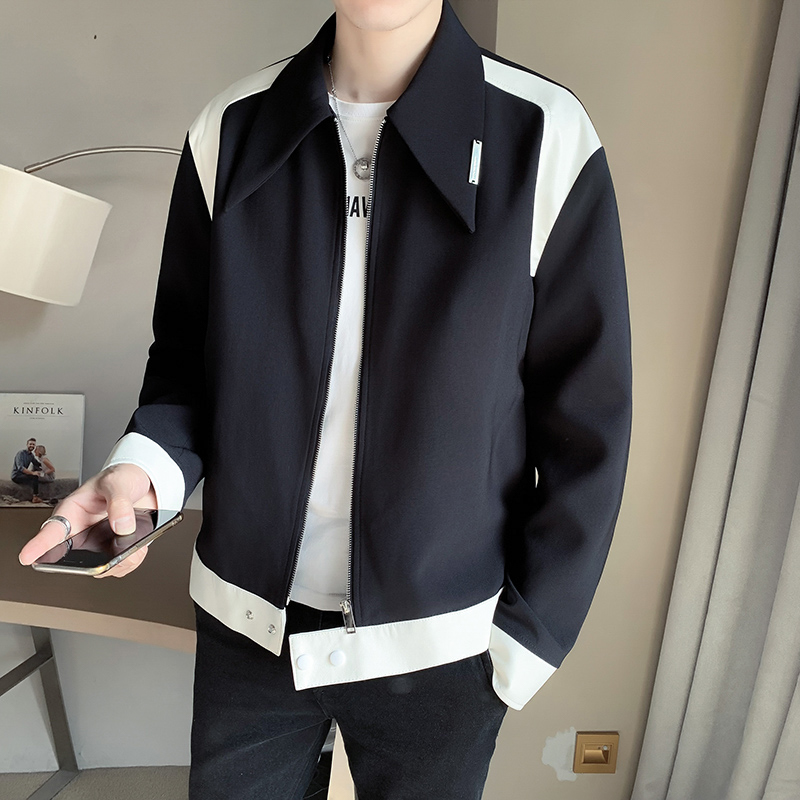 韩风chic外套男黑白拼接秋装潮流夹克春秋季2022新款潮男上衣痞帅