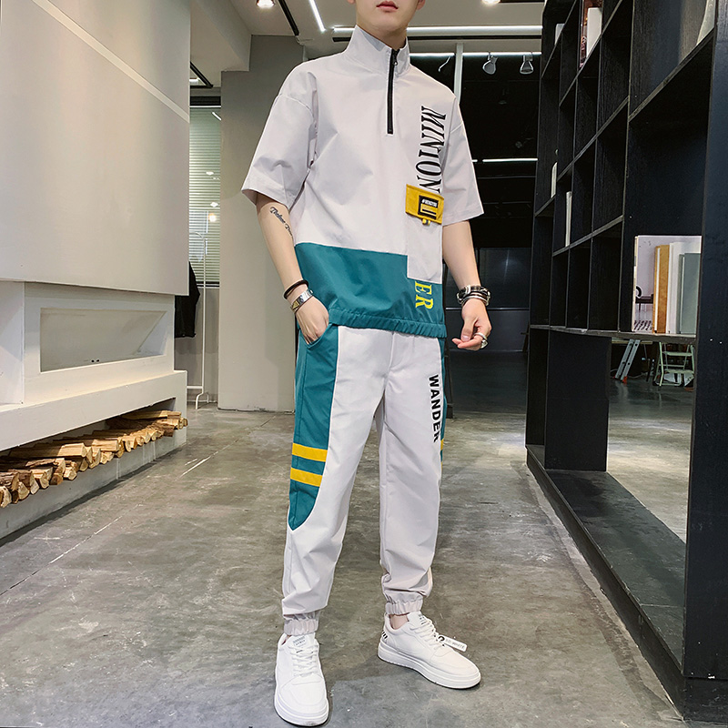 套装男立领半拉链卫衣夏季韩版休闲工装九分裤搭配潮流运动两件套