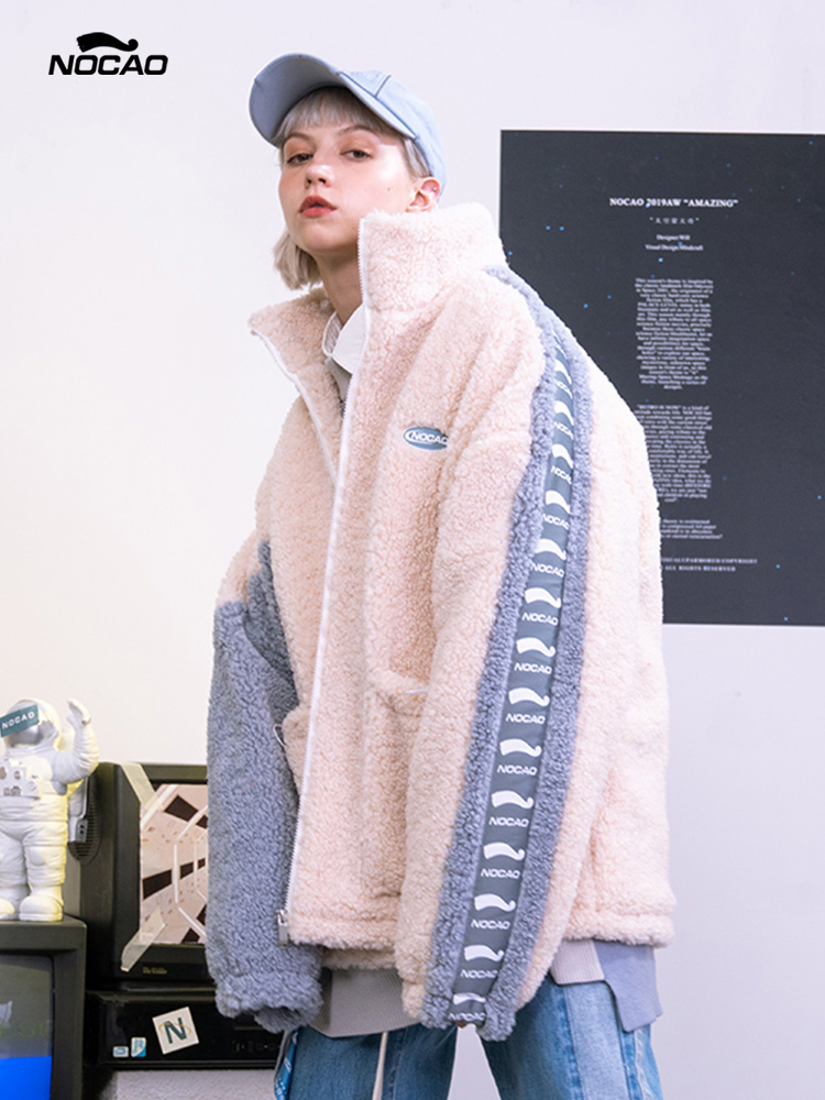 NOCAO【现货】秋冬季情侣国潮牌拼接羊羔毛外套男宽松夹克开衫ins