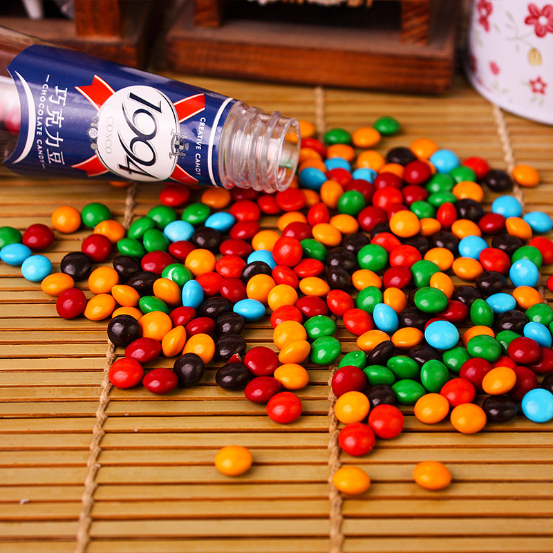 彩色巧克力豆糖果mm豆 创意1994罐装彩虹朱古力儿童零食70g瓶装