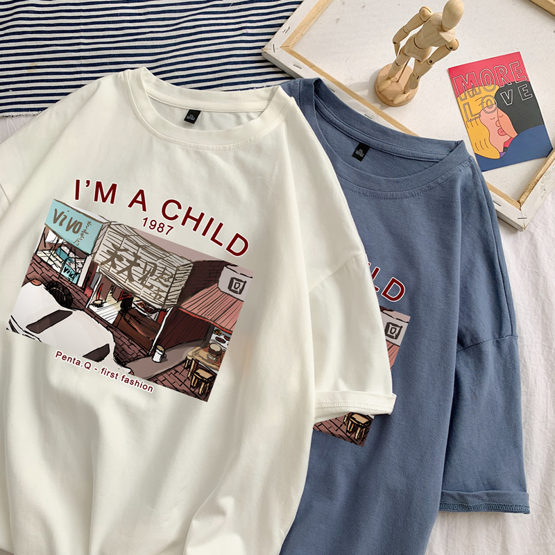 oversize港风短袖T恤男生潮牌宽松百搭休闲青少年夏季七分袖衣服