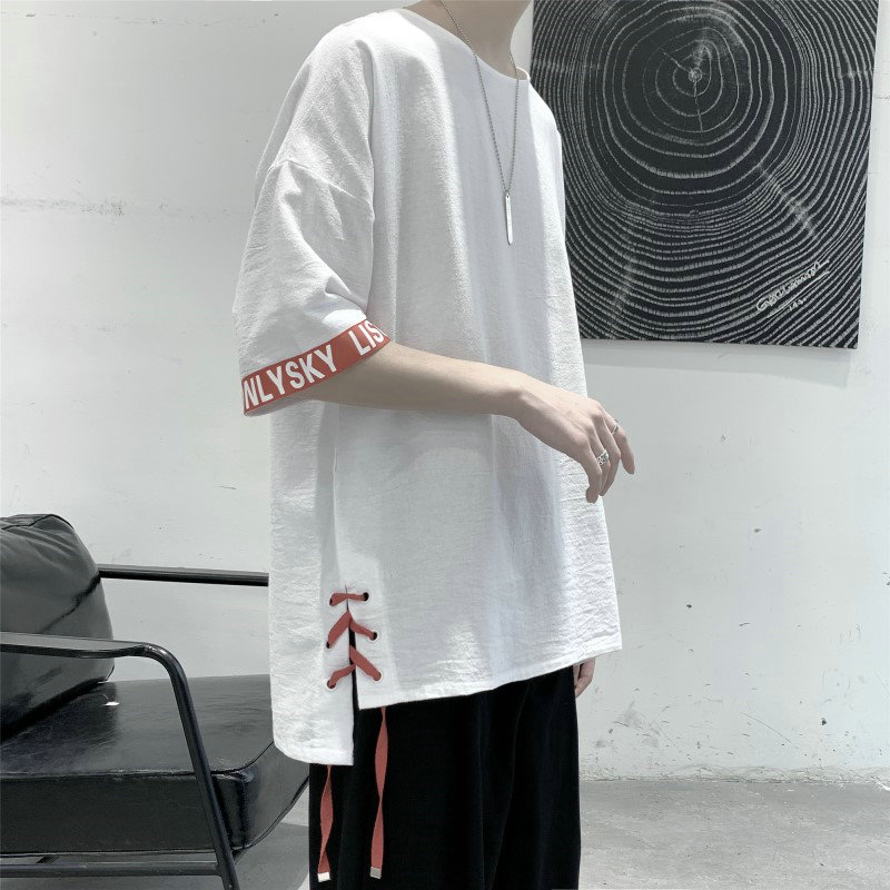 夏季潮男休闲宽松短袖T恤个性潮牌系带装饰不对称半袖五分袖t恤衫