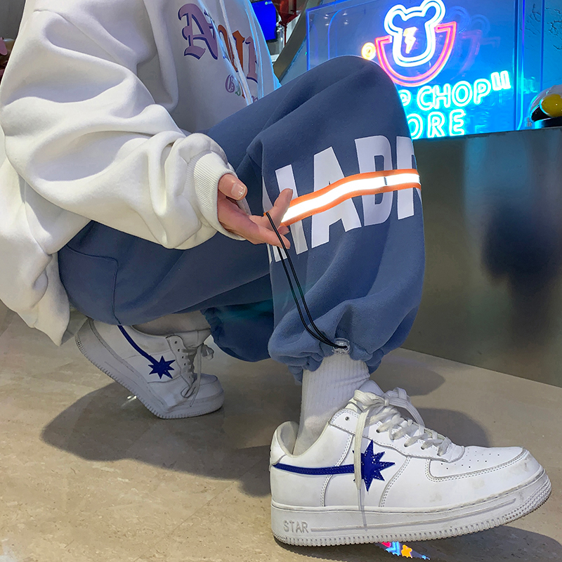 反光潮牌裤子男春秋韩版炸街痞帅卫裤宽松潮流束脚秋冬抽绳运动裤