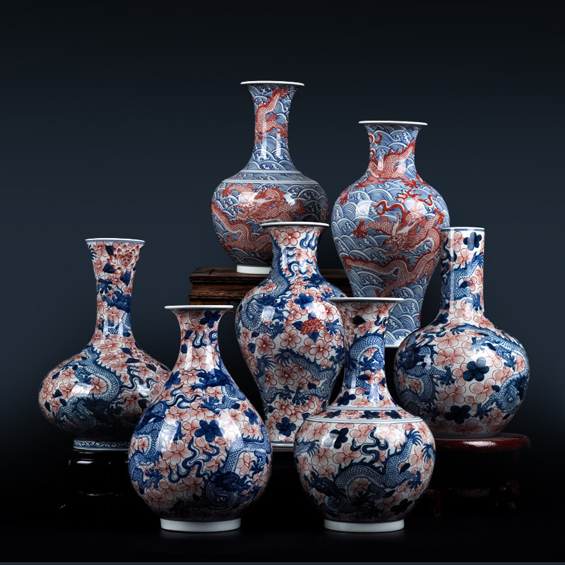 红色花瓶陶瓷器景德镇手绘仿古釉里摆件宜家客厅花瓶