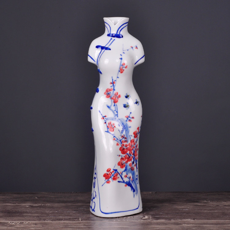 景德镇陶瓷器创意青花瓷旗袍美女花瓶插花家居客厅花瓶