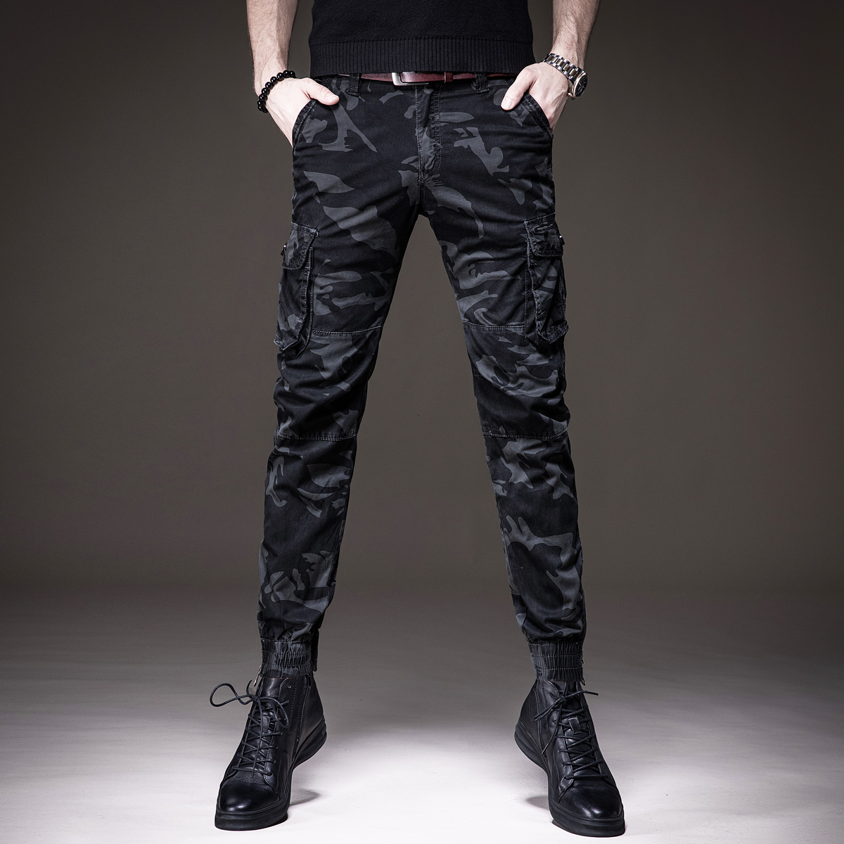 贵色春秋迷彩工装裤男春季修身小脚潮牌束脚伞兵裤男休闲长裤子男