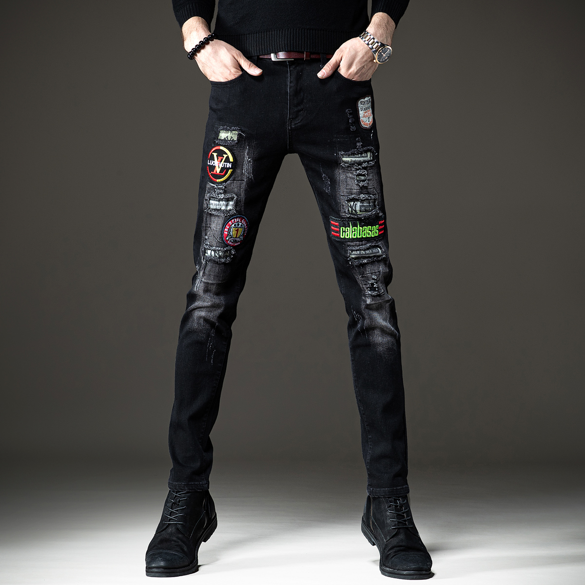 原创秋冬黑色潮牌破洞刺绣牛仔裤男新款修身小脚裤潮流休闲长裤子