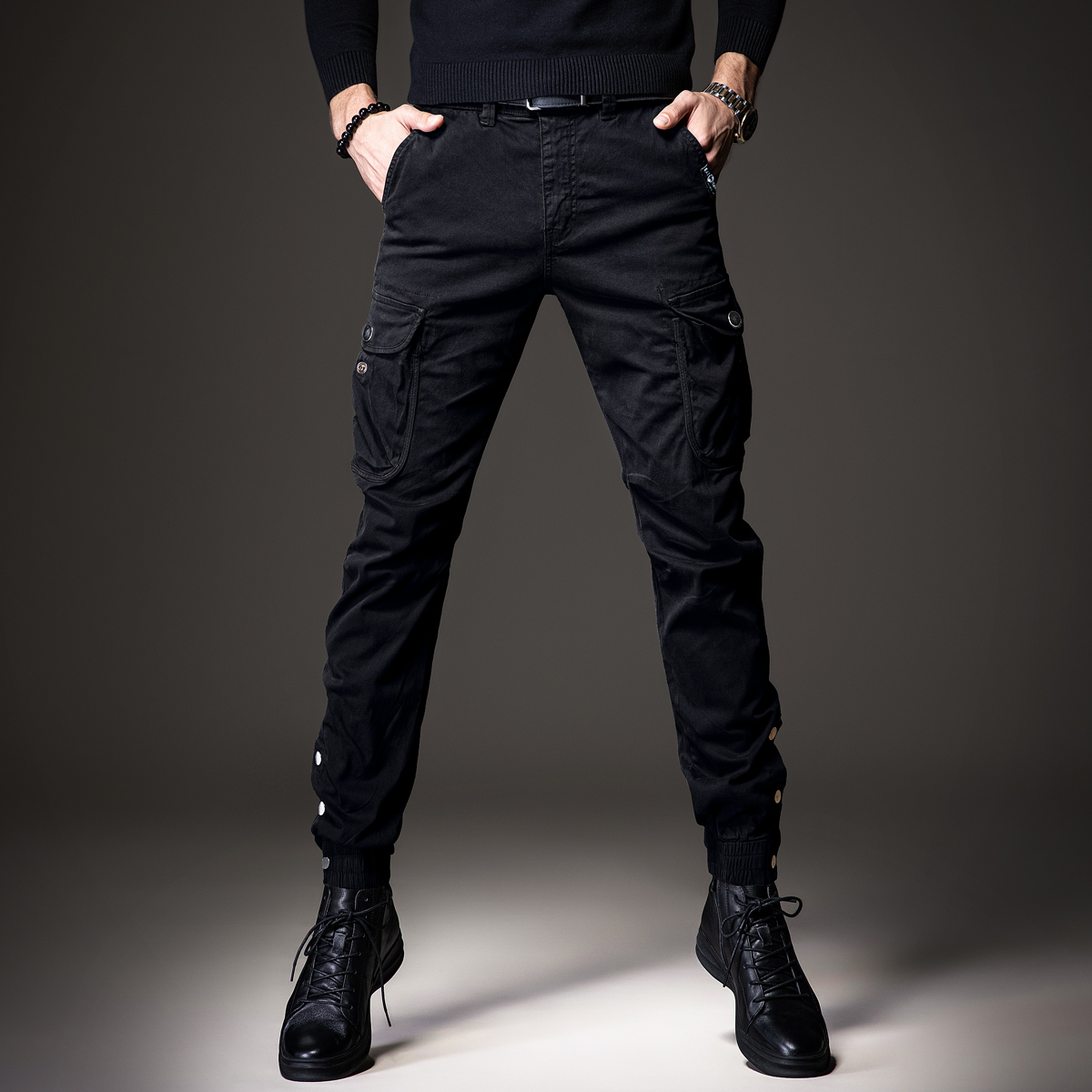 贵色春夏多口袋黑色工装裤男潮牌修身束脚伞兵小脚美式休闲裤子男