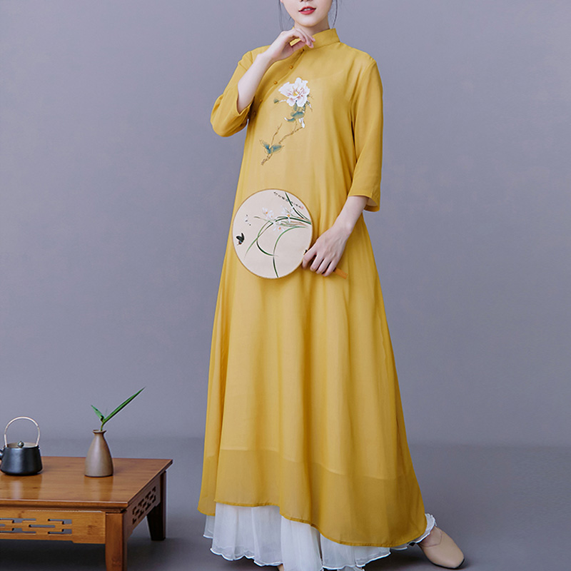 艺缘春夏新款中国国风女装手绘雪纺改良旗袍连衣裙