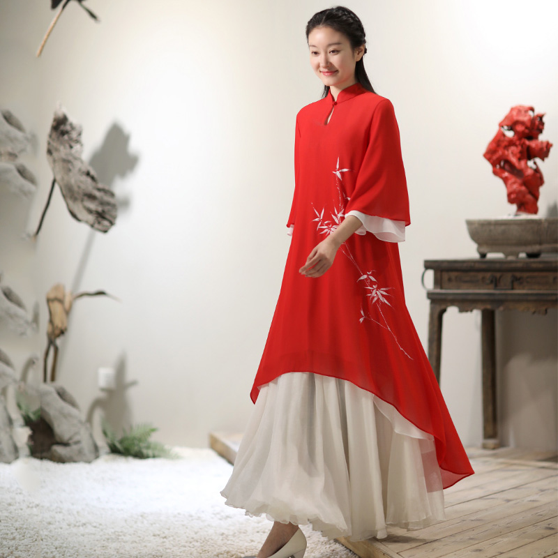 艺缘同款经典春夏禅意茶服古琴原创手绘中式连衣裙