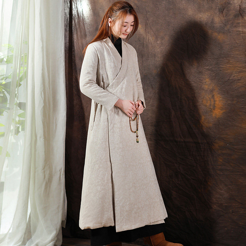 笑缘秋冬长款斜襟中式棉服禅意汉服茶服女民族风棉衣