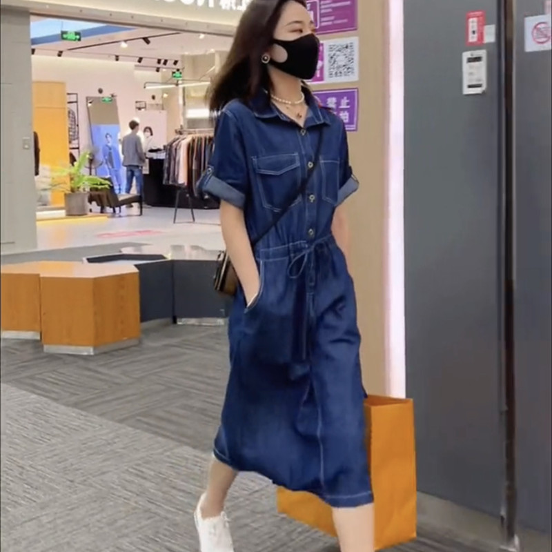 短袖休闲薄款牛仔连衣裙女2022夏季新款韩版收腰显瘦中长款牛仔裙