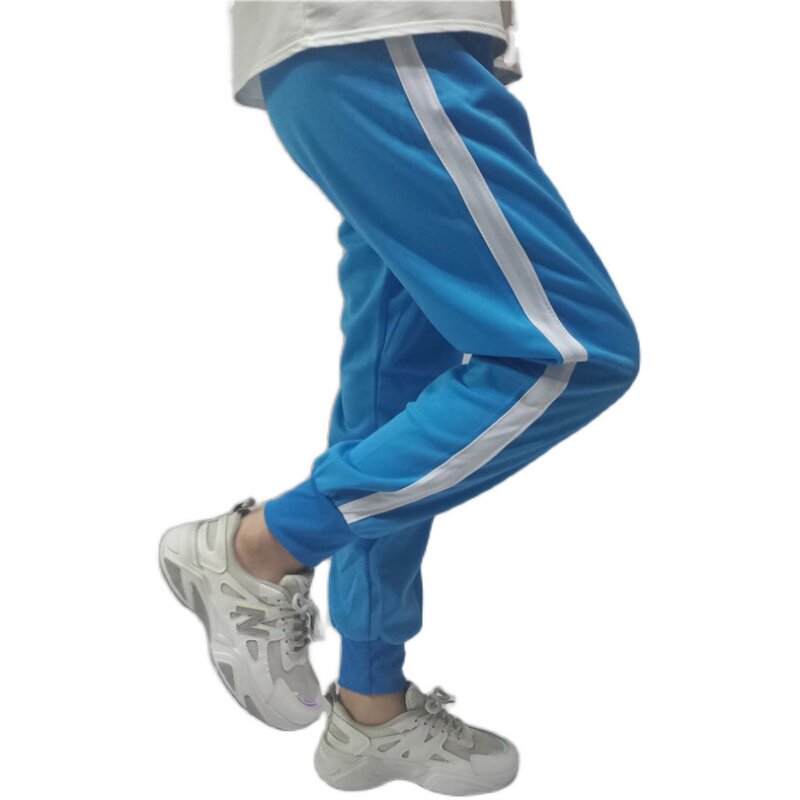 校服裤子男女收口中小学生白条一道道白天蓝色束腿运动长裤