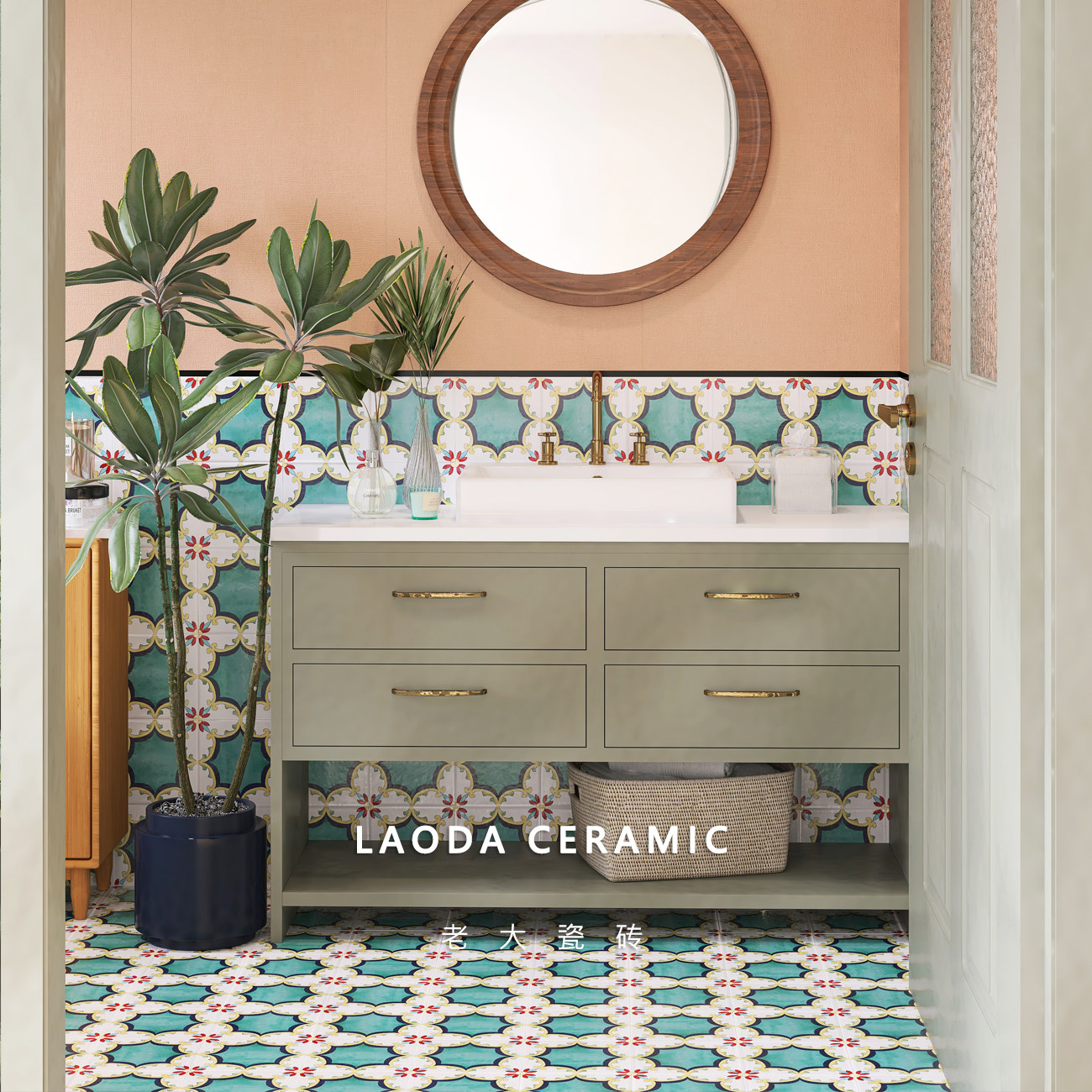 摩洛哥复古卫生间小花花砖美式厕所绿色地砖浴室花片