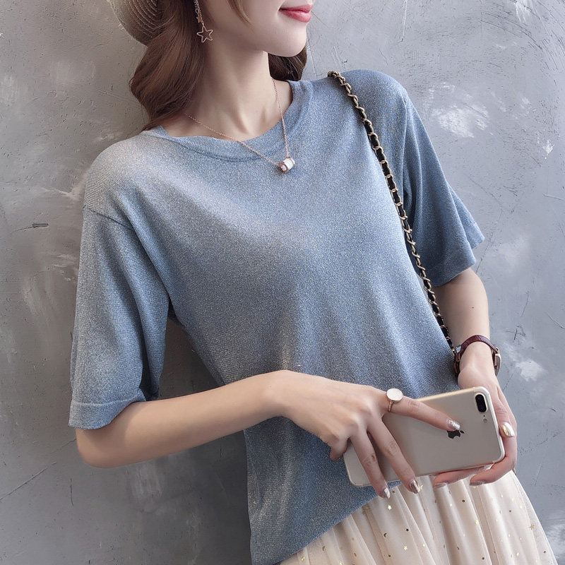 粉色亮丝t恤女薄款短袖闪光冰丝针织衫春季新款宽松女装中袖上衣 - 轩