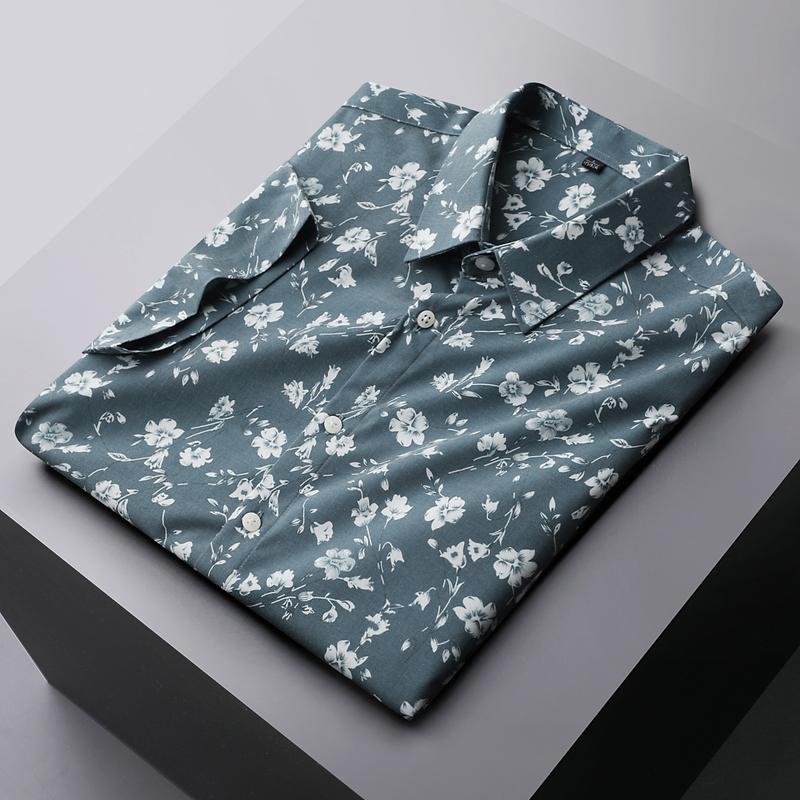 轻奢潮流青年印花衬衣冰丝短袖衬衫男士2022夏季休闲免烫半袖上衣