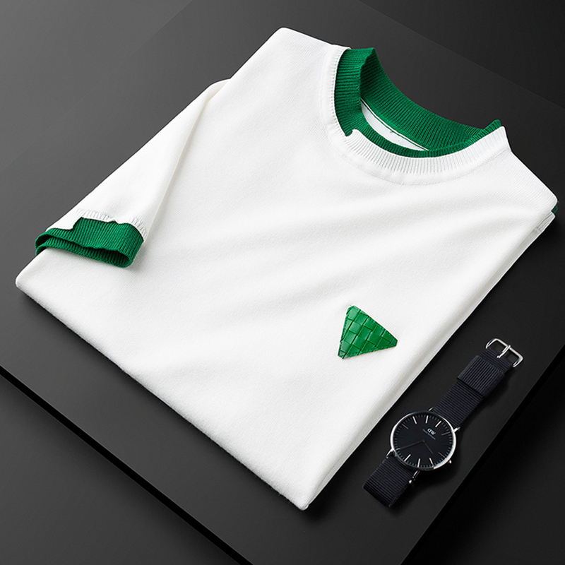 轻奢春夏薄款白绿拼接休闲T恤男短袖高级感三角标潮流圆领半袖衫
