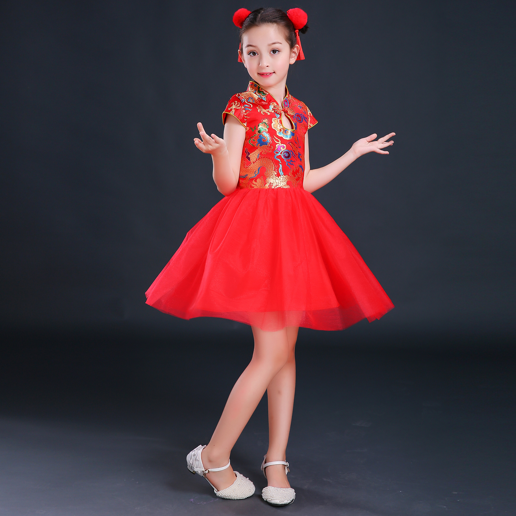 六一说唱中国红幼儿舞蹈服儿童喜庆演出服装民族风旗袍古筝表演服