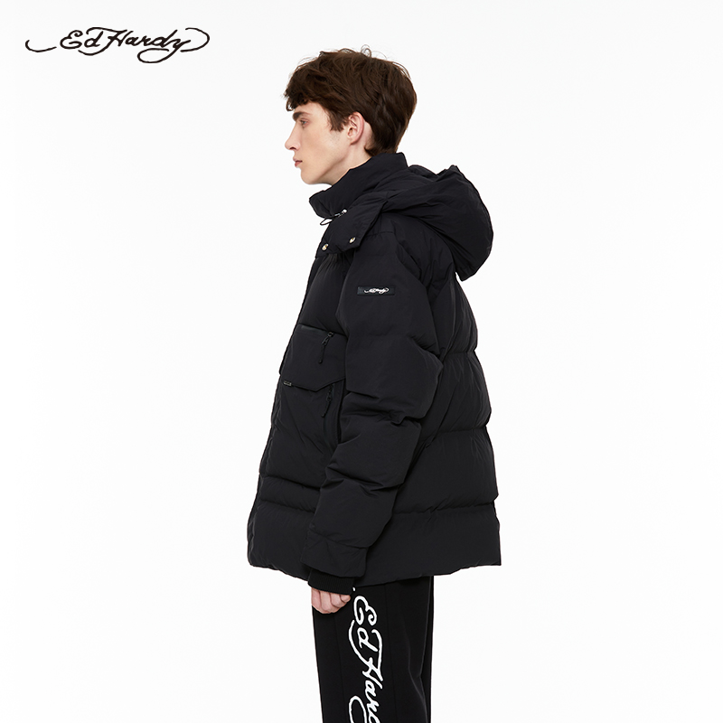 edhardy正品冬季新款经典logo连帽宽松男女羽绒服
