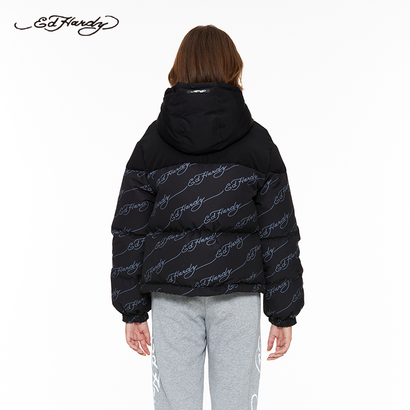 edhardy官方正品时尚经典logo印纹保暖连帽女士羽绒服