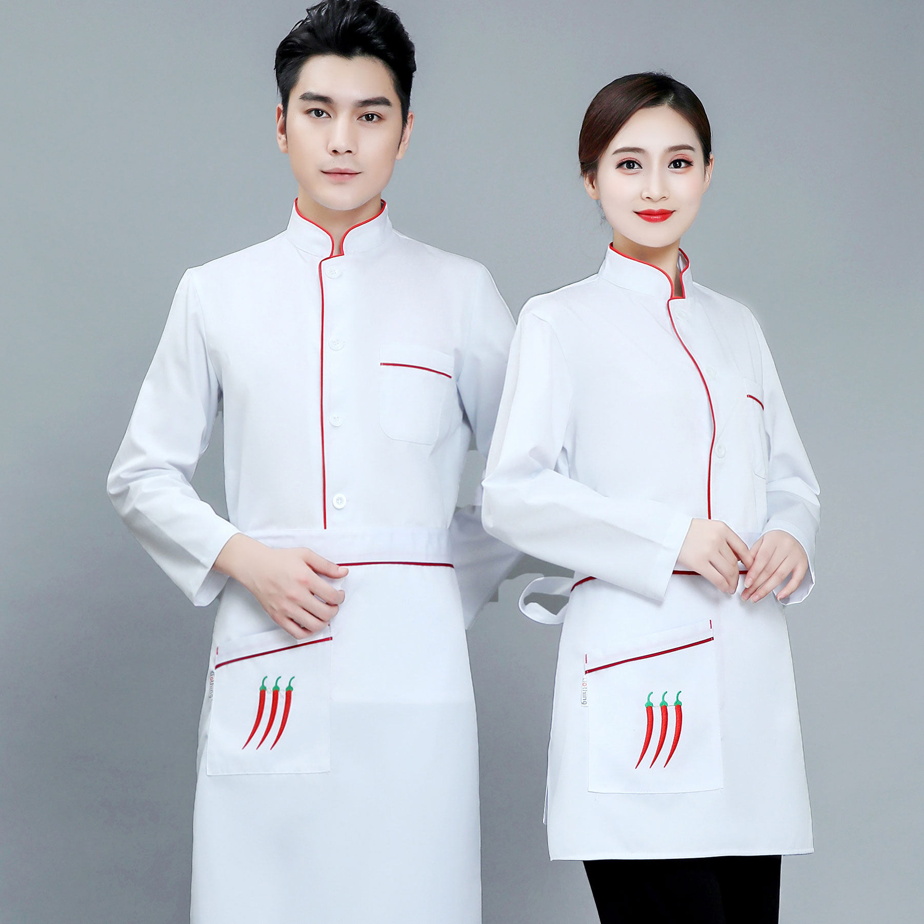 厨师工作服女长袖秋冬款幼儿园食堂人员服装厨房白色衣服套装冬季