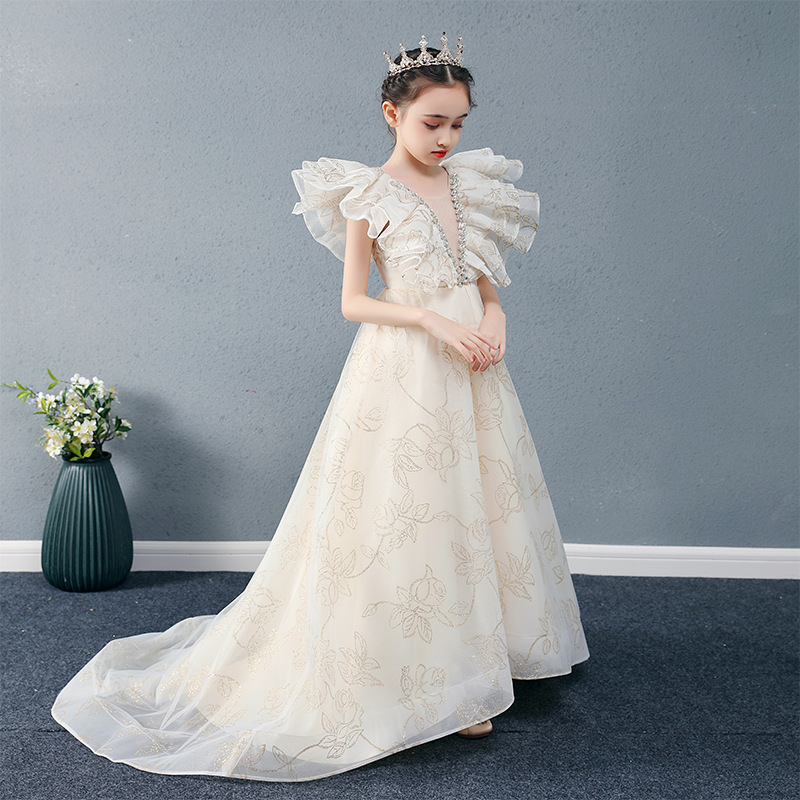 儿童成长婚纱公主裙拖尾豪华小女孩主持走秀大提儿童礼服