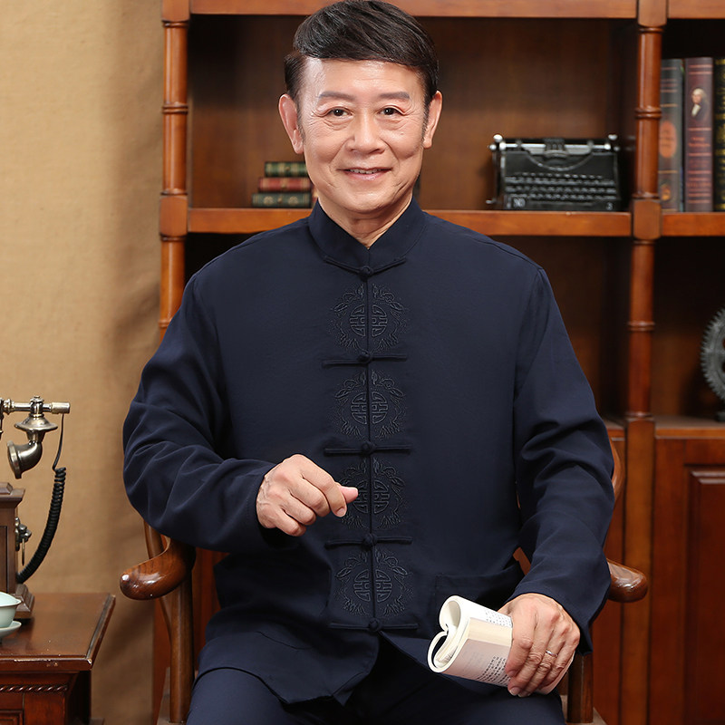 春秋唐装长袖亚麻套装中老年刺绣绣龙居士中式唐装