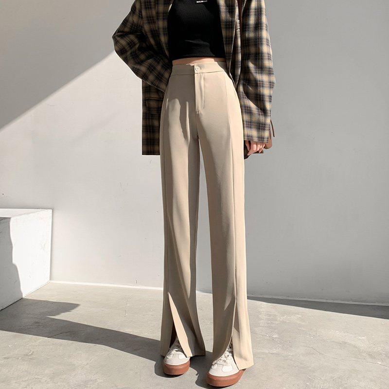 开叉阔腿裤女高腰垂感小个子西装裤2022年新款春秋季卡其色拖地裤