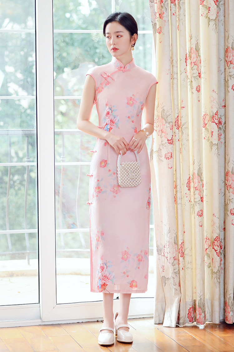 粉色旗袍2021年新款中国国风改良复古淑女显瘦旗袍