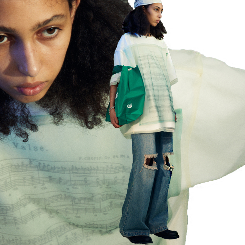 UMAMIISM 有茂密声 纯棉与欧根纱华尔兹乐谱短袖T