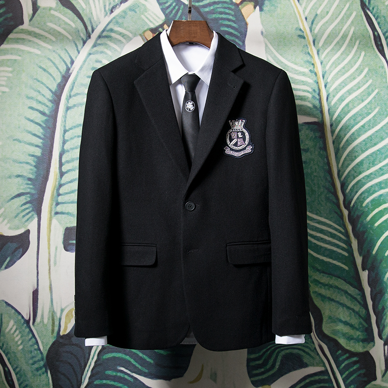 学院风羊毛呢西服上衣外套秋冬新款男士韩版黑色呢子徽章修身西装