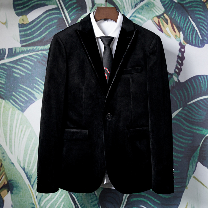 奢华领子缎料刺绣金丝绒西服外套男韩版修身时尚婚礼西装新郎礼服