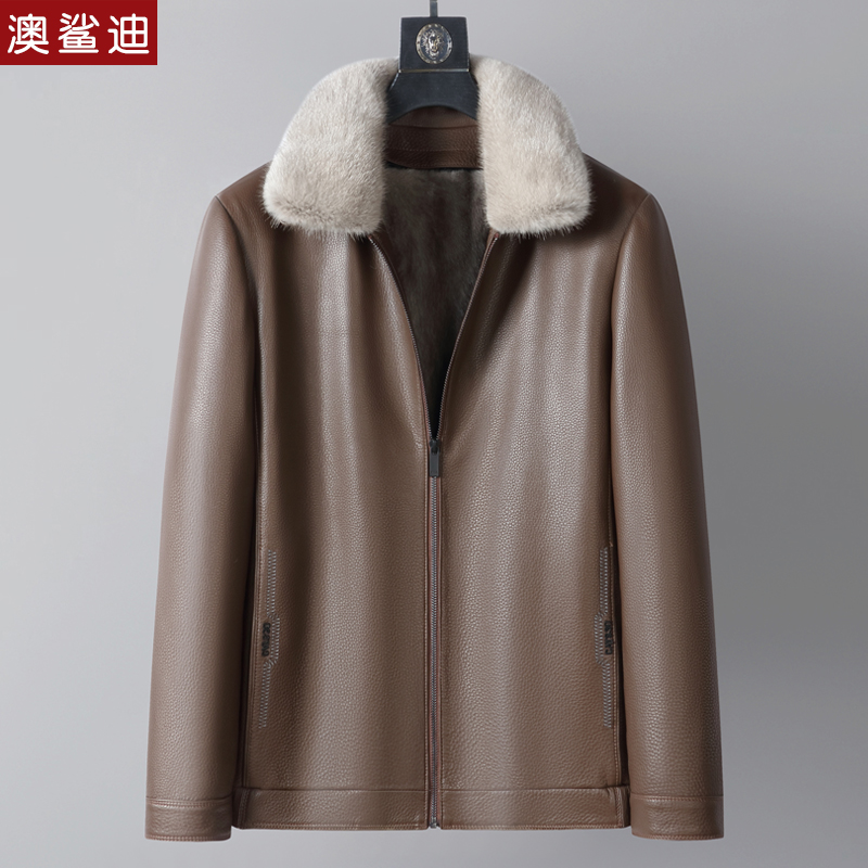男士水貂内胆牛皮真皮皮衣貂皮大衣男皮毛一体整貂短款翻领皮草
