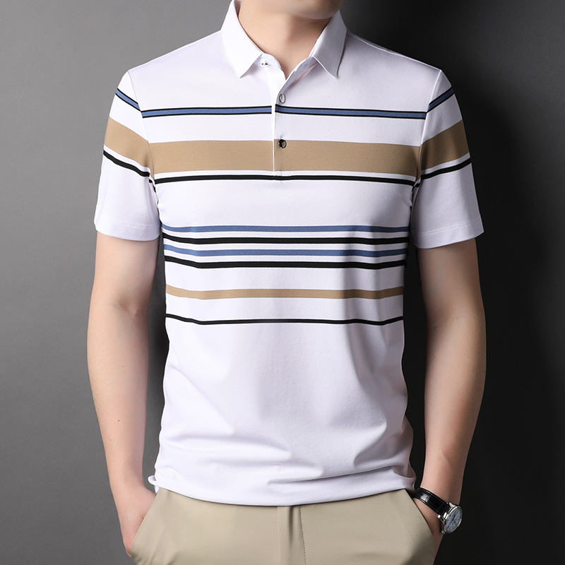 夏季桑蚕丝短袖t恤男翻领提花条纹polo保罗衫男装薄款冰丝棉半袖