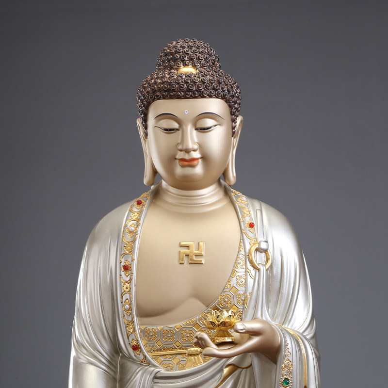 圆通佛具银彩镶宝西方三圣神像贴金阿弥陀佛供奉摆件