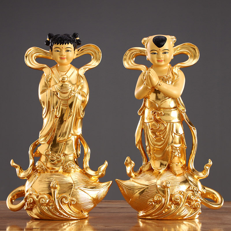 佛像圆通佛具贴金金童玉女一对家用供奉善财童子摆件