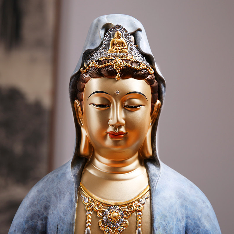 观音禅定自在摆件彩铜南海佛像供奉家用禅意摆件