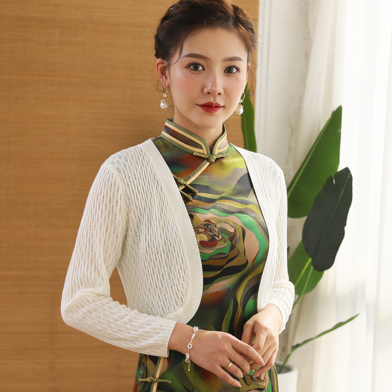 旗袍外搭针织小开春秋夏季女士短款外套长袖毛针织衫