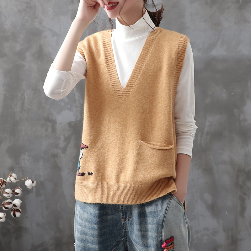 羽绣自制复古文艺套头领针针织背心秋季新款毛针织衫