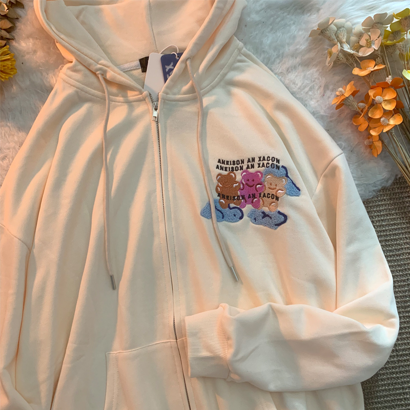 FUNTEAM可爱小熊连帽开衫卫衣男女春秋宽松oversize情侣外套ins潮