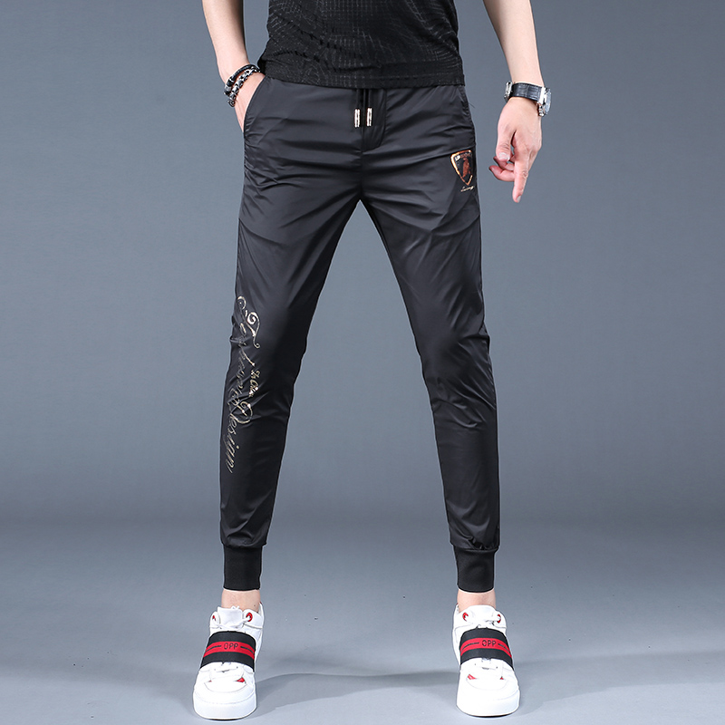 潮牌新款烫钻裤子男韩版潮流夏季丝滑冰丝休闲裤男轻薄速干运动裤