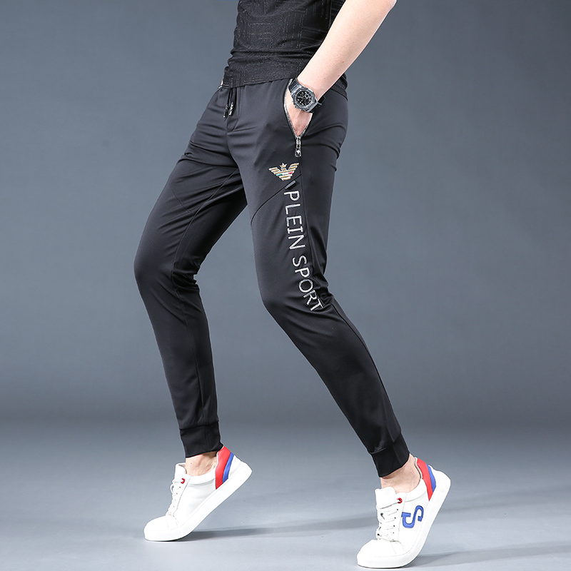 高端丝滑夏季休闲长裤男潮牌刺绣裤子哈伦裤高弹力修身束脚运动裤