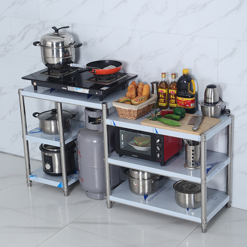 厨房不锈钢三层煤气灶台架组合收纳整理架子落地做饭厨房置物架