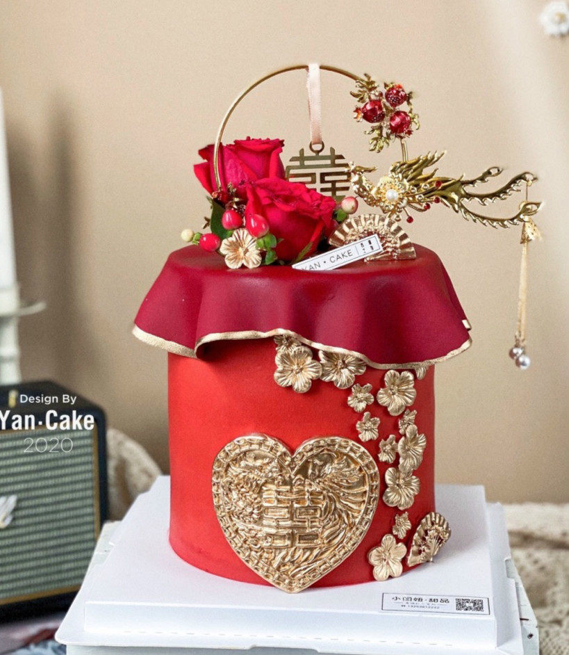 蛋糕装饰插件中式红色婚礼喜字凤凰订婚结婚节日装扮用品