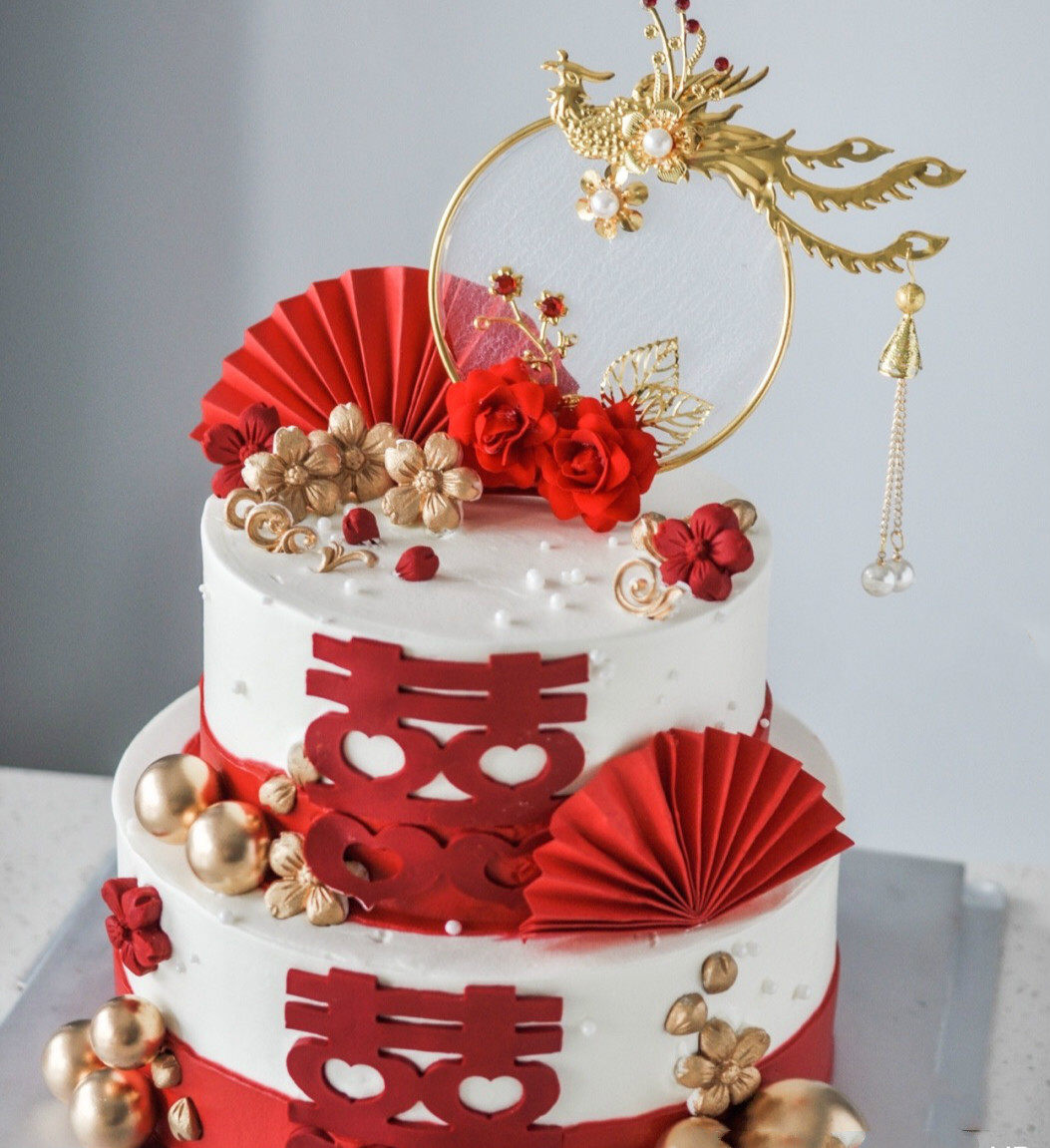 蛋糕装饰插件中式红色婚礼喜字凤凰订婚结婚节日装扮用品